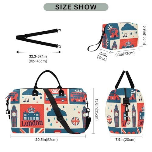 London British Flag Cartoon Large Travel Duffle Bag Weekender Overnight Bags Gym Yoga Bag for Women Men with Toiletry Bag3