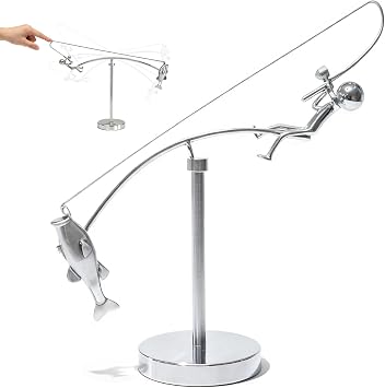 Kinetic Fisherman Sculpture,Metal Fishing Balance Art Decor for Home Office | Creative Metal Fisherman & Bass Kinetic Sculpture with Balanced Moving Design, Perfect for Desk, Shelf and Unique Home Decor