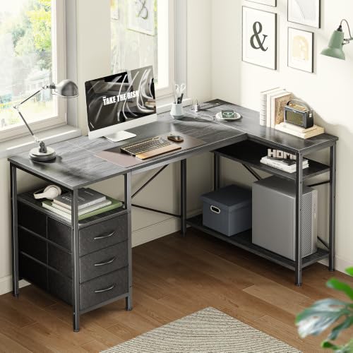 Image of Huuger L Shaped Office Desk with Power Outlets & 3 Drawers | 47 Inch Computer Desk with Shelves, for Gaming, Corner Work, Home Office, Study, Grey