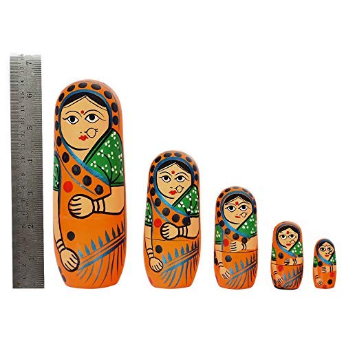 Fine Craft India Set of 5Pcs Hand Painted Cute Wooden Russian Matryoshka Stacking Nested Wood Dolls Orange 2