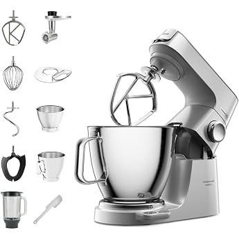 Kenwood Titanium Chef Baker XL KVL85.224SI Food Processor with Scale 7L & 5L Stainless Steel Bowl Includes 6-Piece Patisserie Set Mixing Attachment & Meat Grinder 1200 W Silver