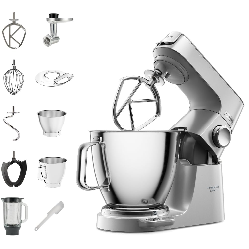 Kenwood Küchenmaschine Titanium Chef Baker XL KVL85.224SI, Küchenmaschine mit Waage, 7L & 5L Edelstahlschüssel, inkl. 6-teiligem Patisserie-Set, Mixaufsatz & Fleischwolf, 1200W, Silber