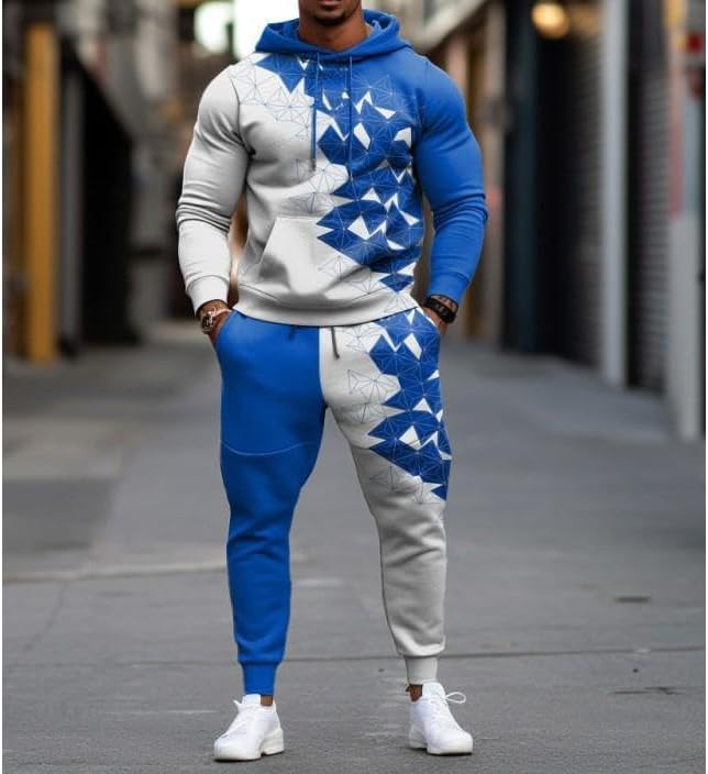 Men's Color Fashion Printed Hoodie Pants Set Loose Hoodie Sportswear Running Pants Two Piece Set