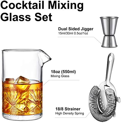 Cocktail Mixing Glass, veecom 3 Piece Old Fashioned Cocktail Kit, 550ml Mixing Glass Cocktail Making Set for Martini, Mojito, Mixer Cocktail Set Cocktail Shaker Set with Strainer, Jigger (3 Pieces)