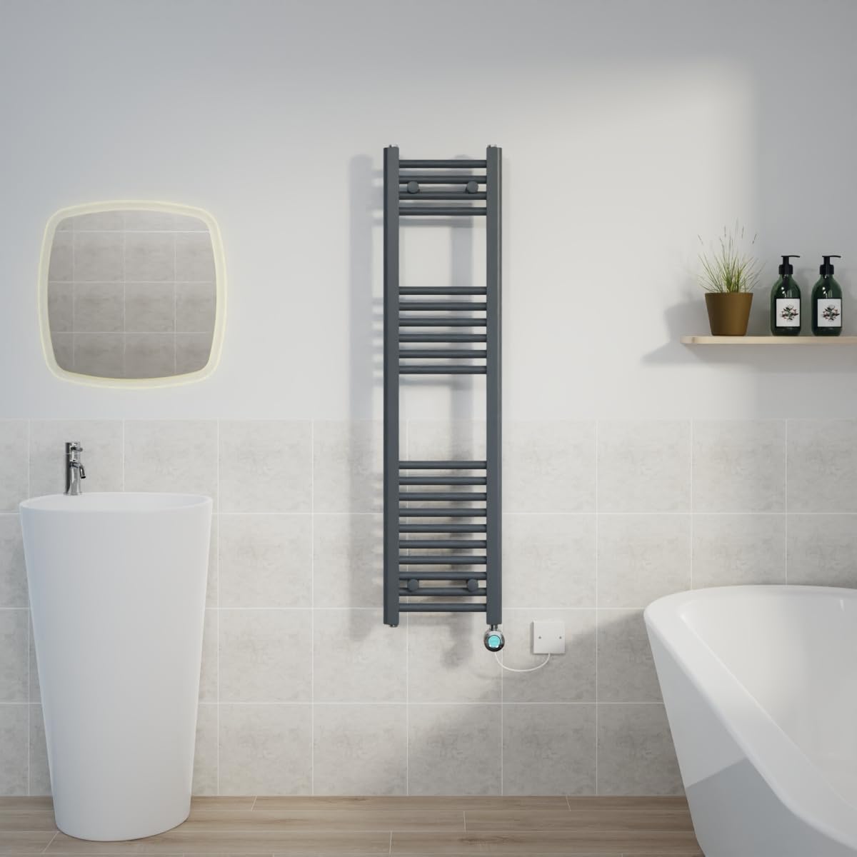 Warmehaus Prefilled 1200x300mm Straight Electric Heated Towel Rail with Timer Thermostatic Bathroom Radiator Anthracite - 600W(Chrome Heating Element) — image 1