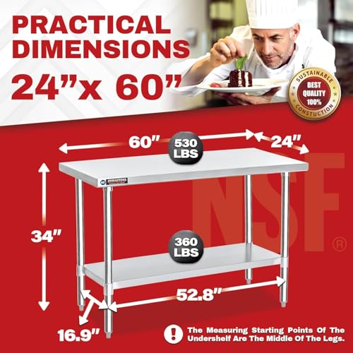 Image of DuraSteel 24x60 Stainless Steel Work Table - NSF Commercial Prep Metal Table - Outdoor Pizza Oven Stand w /Under Shelf - Kitchen Island Laundry Utility Garage Microwave Stand Large Rolling Storage Cart