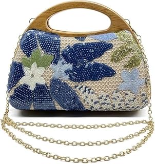 Sequins Flowers Evening Bag Purse Clutch for Women, Bohemian Woven Bag Purse Wooden Handle Chain Bag