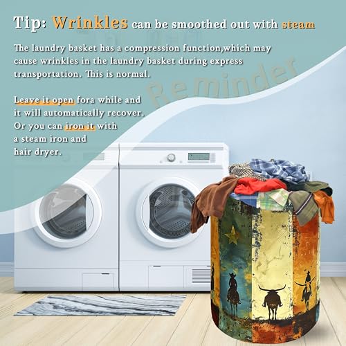 Image of Western Cowboy Laundry Basket Oxford Cloth Hamper 18.9x16.5 Inch | Foldable With Handle Tote Bag Colorful Laundry Hamper Clothes Storage Bucket Toy Organizer For Bathroom /Laundry /Bedroom