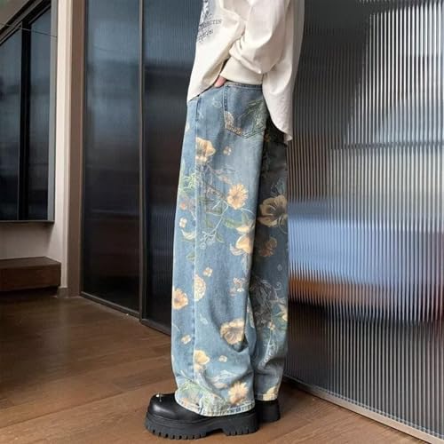 Baggy Jeans Men Vintage Y2k Washed Floral Jeans Graphic Flower Casual Streetwear for Skater Wide Leg Denim Pants3