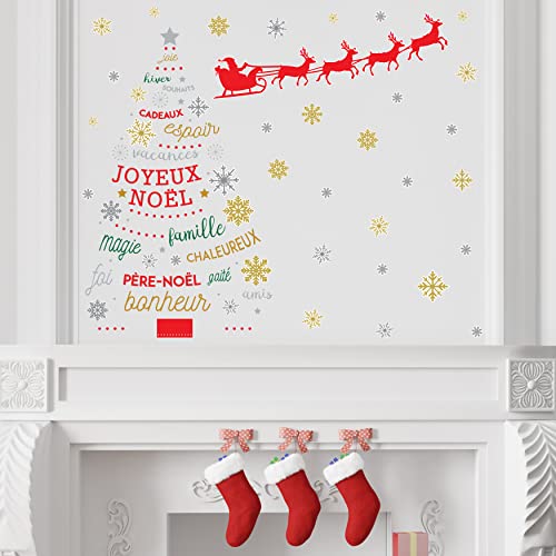 Wallflexi Christmas Decorations Wall Stickers "Santa's Sleigh & French Quotes Christmas Tree" Wall Murals Decals living Room Children Nursery School Restaurant Cafe Hotel Home Office Décor