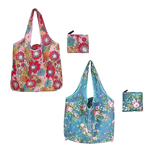 2 bolsas de compras reutilizables, respetuoso con el medio ambiente, bolso floral, bolsa de transporte plegable, adecuado para compras, compras, trabajo (rosa, azul)