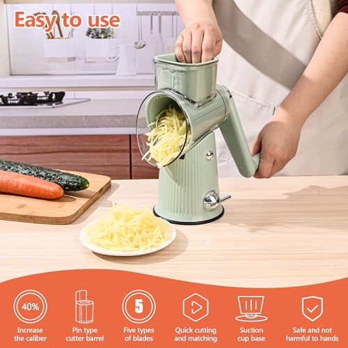 Image of Cheese Grater With Hand Crank Countertop For Kitchen，Grater Shredder With Handle For Kitchen Rotating，Vegetable Slicer，Nuts Grinder Cheese Shredder with Clean Brush(3 Blades Matcha Color)