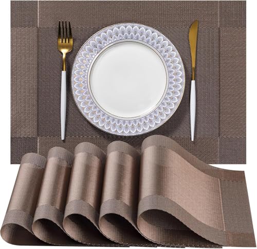 Image of Placemats Set of 6 Dining Table Place Mats | Placemats Table Mat PVC Material | Non-Slip Heat Resistant | Dining Tablemates Washable Anti-Skid | Size 45 x 30cm (Square Brown)