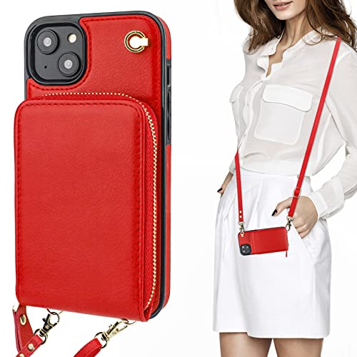 Kihuwey Crossbody Wallet Case For Iphone 14 Plus, Zipper Pocket Case With Card Holder, Pu Leather Rfid Blocking Protective Cover Case With Kickstand Detachable Wrist Strap Lanyard 6.7" (Red) #TOP17