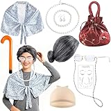 Oma Perücke, Weich Bequem Oma Kostüm kinder Erwachsene, 12 Alte Dame Kostüm Set Perlenkette Armband Ohrringen Brille, Bequem Perücke Oma Grau für Fasching Maskerade Cosplay Köln-Karneva Party