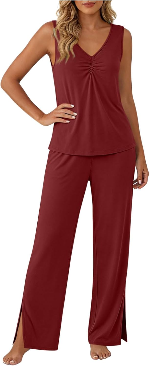Xiaojmake Women Sleeveless Pajamas Sets 2 Piece Lounge Set Summer Airport Travel Outfit 2026 Soft Pjs Loungewear with Pockets