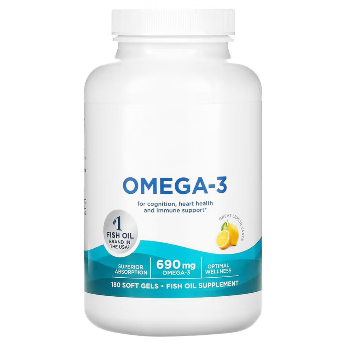 Omega-3 690 mg Softgel, assorbimento superiore, integratore di olio di pesce, aroma di limone, 180 pezzi per bottiglia