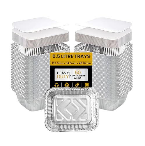 Superior 50 Stück Aluminiumfolienbehälter mit Deckel – 0,5 l Meal Prep Food Trays, Folienschalen zum Backen, Braten, Mitnehmen und Aufbewahren – ofenfest, auslaufsicher