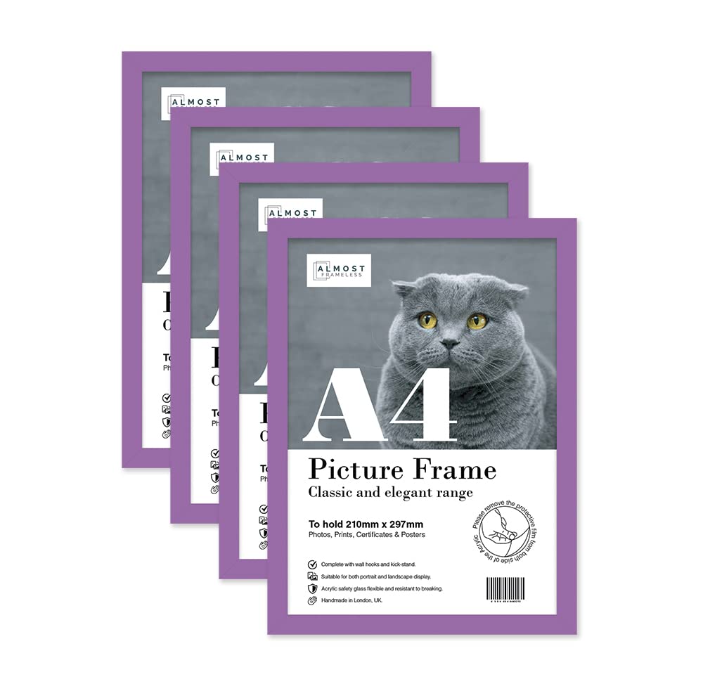 Almost Frameless A4 Purple Picture Frame Set of 4, Display A4 Picture Gallery Wall, Poster, Photo, Artwork, or Print, Purple