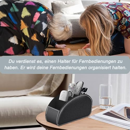 Exquilnova Fernbedienungshalter mit 5 Taschen, Fernbedienung Aufbewahrung aus Leder für TV, DVD, 4K Stick und Bluray Fernbedienungen, auch als Schreibtisch Organizer für Stifte, Kosmetik (Schwarz)