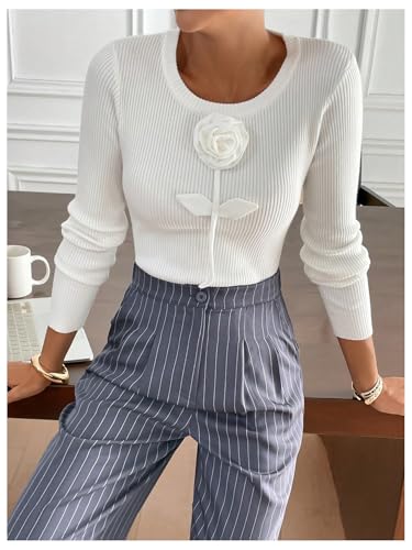 Verdusa Women's 3D Floral Slim Fitted Sweaters Long Sleeve Round Neck Pullover Knit Top4