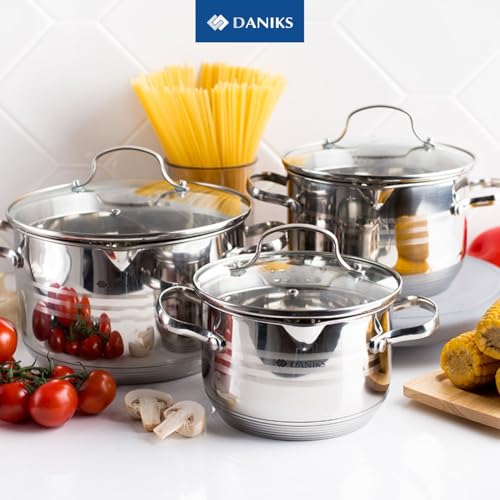 Daniks Tokio Olla de Acero Inoxidable con Tapa de Vidrio con Colador | Olla Inducción | 3 L, Ø 18 cm | Plata