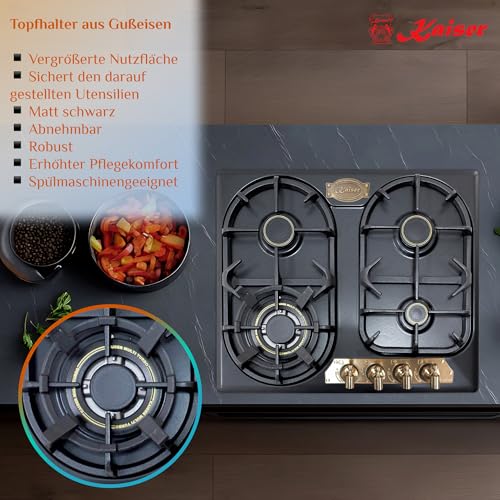 Foto von Kaiser Empire Einbau Gasherd KG 6325 Em Turbo Exklusives Gas Kochfeld 60cm Autark Schwarz, mit 4 hochwertigen Brennern inklusive leistungsstarkem WOK Brenner (3,8 kW) | Erdgas und Propangas