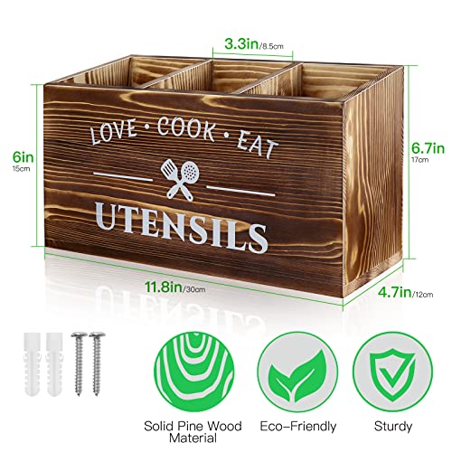 Mincord Brown Utensil Holder Rustic Utensil Caddy Utensil Crocks With 3 Compartments For Kitchen Counter, Farmhouse Wood Flatware Utensil Organizer Storage Box For Silverware Fork Spoon Spatula thumb #1