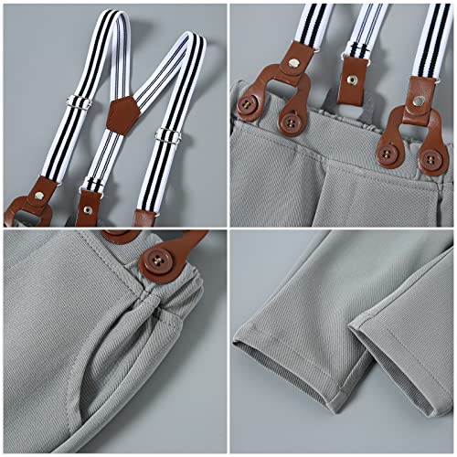 Image of nilikastta Baby Boy Wedding Outfits Infant Baby Boy Clothes Suit Dress Shirts /Suspender Pants /Bowtie /Beret Hat 0-18M