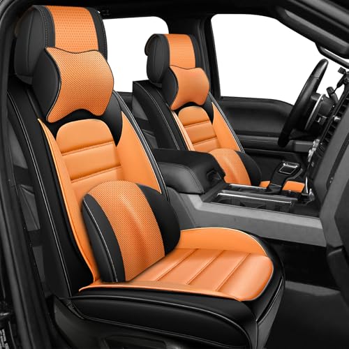 Image of Full Set Car Seat Covers for Ford F-150 F-250 F-350 XL XLT STX Lariat King Ranch Platinum Raptor Seat Covers 2007-2026, Waterproof Seat Protectors(Luxury 5 Seats /Black&Orange)