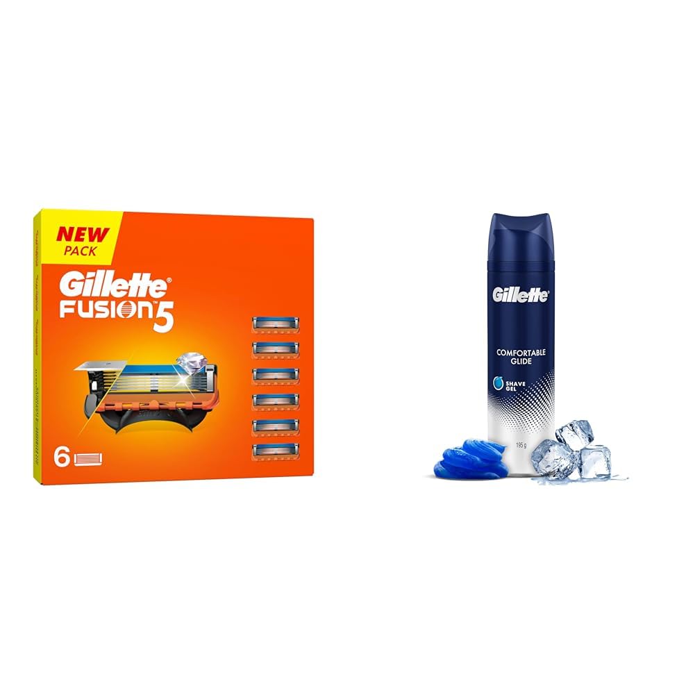 Fusion Manual Blades for men - 6 count Super Value Pack + Gillette Shaving Gel Comfort Glide 195G
