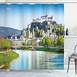 Ambesonne Salzburg Shower Curtain, Austrian City Skyline Historical Monuments Salzach River in Summer, Cloth Fabric Bathroom Decor Set with Hooks, 105' Extra Wide, Azure Blue and Lime Green