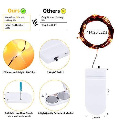 Halloween Orange Fairy String Lights: 12 Pack 7 Ft 20 LED Battery Operated Firefly Lights on Black Wire Starry Moon Lights for DIY Party Bedroom Patio