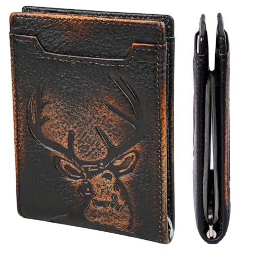 DK86 Mens Deer Slim Wallet with Money Clip Minimalist Bifold Front Pocket wallet for Men RFID Blocking Full Grain Leather with Hand Burnished