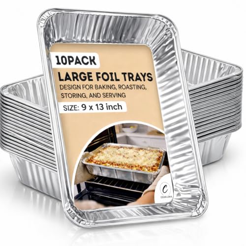 Coselena Large Foil Aluminium Trays Pack of 10 Heavy-Duty Deep Foil Containers 32 x 26 x 7 cm Disposable Baking Cooking Roasting BBQ & Meal Prep Trays Ideal for Catering Parties & Christmas