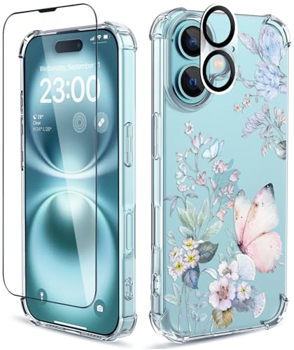 ilnehc for iPhone 16 Case, 3 in 1 Screen & Lens Protectors, Floral Cover