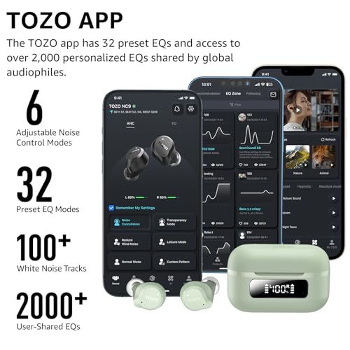 Image of TOZO NC9 Hybrid Active Noise Cancelling Wireless Earbuds, 6 Mics ENC Clear Call, IPX8 Waterproof, in Ear Bluetooth 5.3 Headphones Stereo Bass Ear Buds 60H Playtime with LED Display 32 EQs via APP