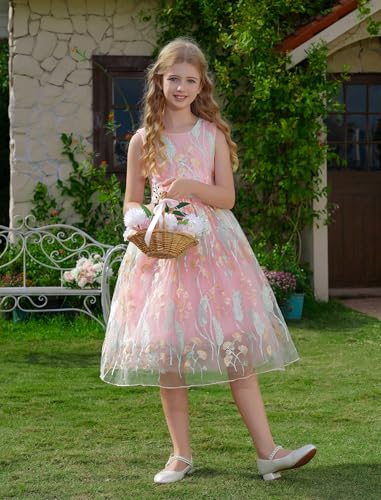IMEKIS Girls Embroidered Flower Dress Kids Princess Sleeveless Tulle Formal Party Evening Dresses 3-10T2