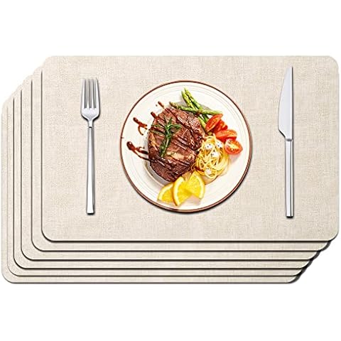 Maxpearl Faux Leather Placemats Set of 6 - Waterproof - Wipe Clean - Heat Resistant - Anti Slip Dining Table Place Mats, Suitable for Indoor & Outdoor Use, 17’’×12’’, Beige Cover