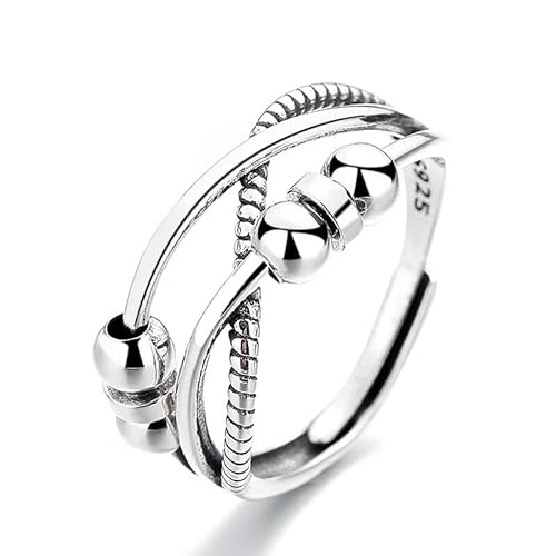 Qings Anillos Ansiedad Plata de Ley 925 Mujer Antistress Fidget Ring Spinner Retro Anxiety Ajustable Abierto Dedos Anillo con Giratorio Bolitas Relief Antiestres Regalo Joyería para Niñas Hombres Cover