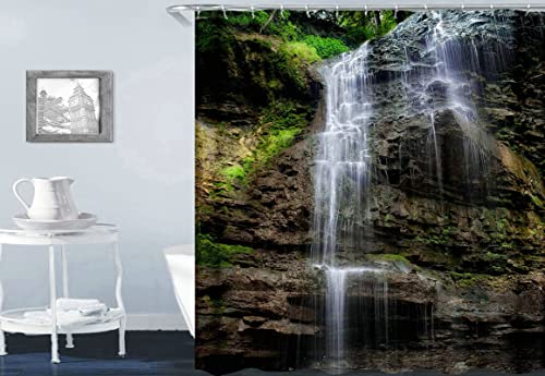 Gualiy Duschvorhang Textil Waschbar, Badvorhang Wasserfall und Stein Muster Duschvorhang Textil Schimmelresistent Grün Duschvorhang 180x200cm