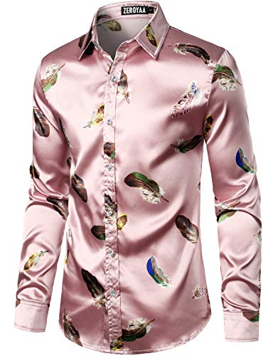 Image of ZEROYAA Men's Luxury Printed Silk Like Satin Button Down Dress Shirt for Party Prom