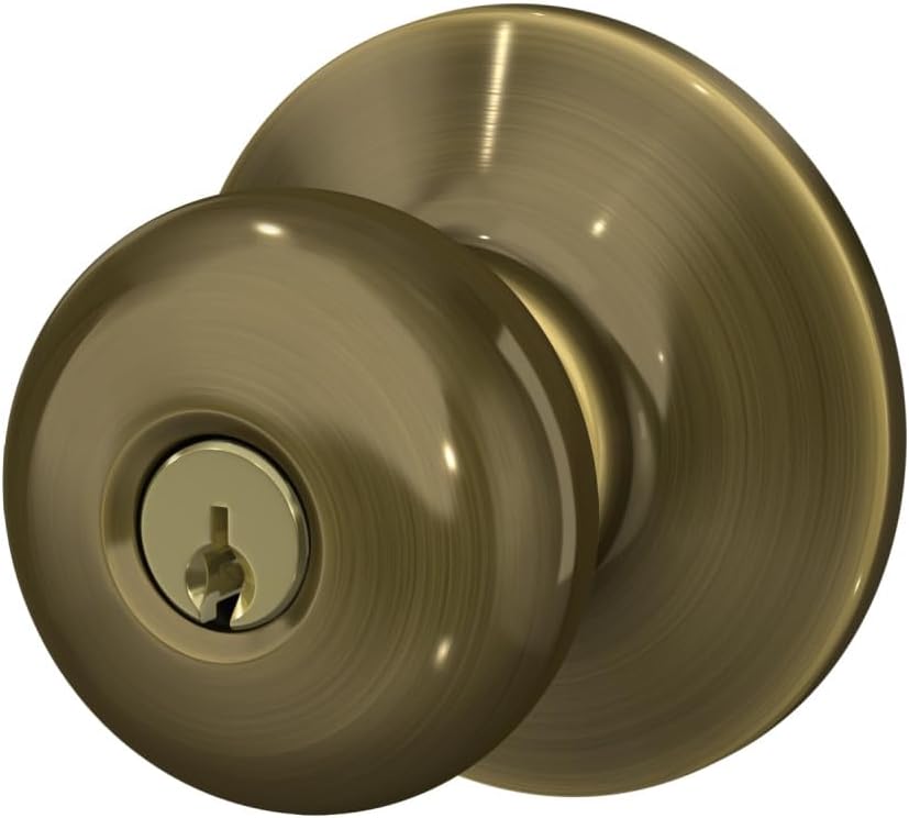 SCHLAGE F51A PLY 609 Plymouth Knob Keyed Entry Lock, Antique Brass