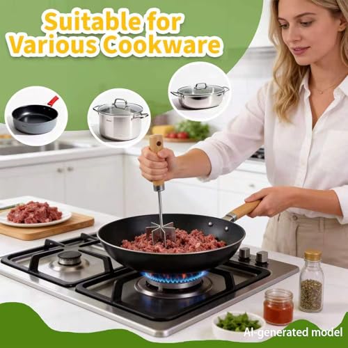 304 Stainless Steel Meat Chopper Meat Masher, 6 Curved Blades 10.5 Inch Ground Beef Chopper Tool, Hamburger Smasher, Potato Masher Durable Multi-Purpose Kitchen Tool Dishwasher Safe by YJREW - Image 3