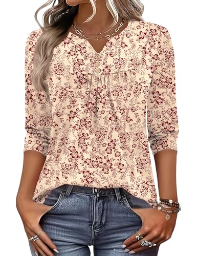 LOMON Business Casual Tops for Women Three Quarter Sleeve Dressy V Neck Work Blouses 2026 Beach Vacation Outfits Going Out Tops (Apricot Red Floral,M)