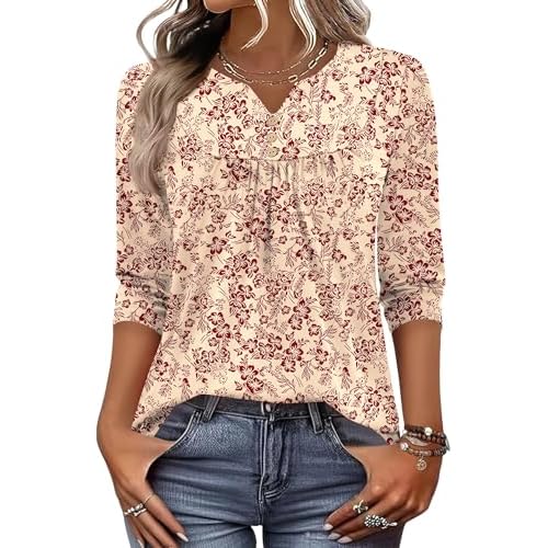 LOMON 3/4 Length Sleeve Womens Tops Dressy Casual Henley V Neck Blouses Loose Fit Tunics 2026 Trendy Summer Outfits