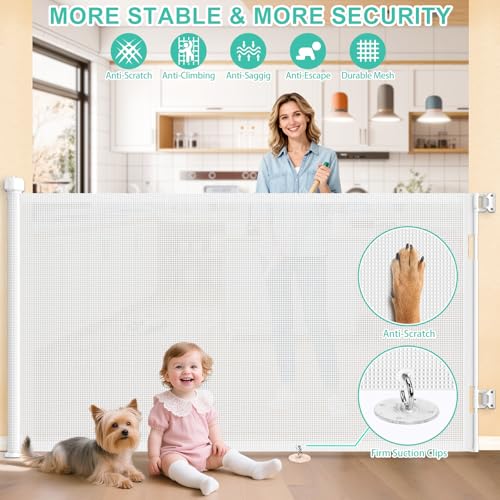 60 Inch Retractable Baby Gates Extra Wide, 41 Inch Reinforced Extra Tall Gate for Large Openings, Mesh Safety Gate for Kids Pets, Retractable Dog Gate for Stair Hallways Doorway Indoor Outdoor, White by EZIGO - Used condition - Image 3