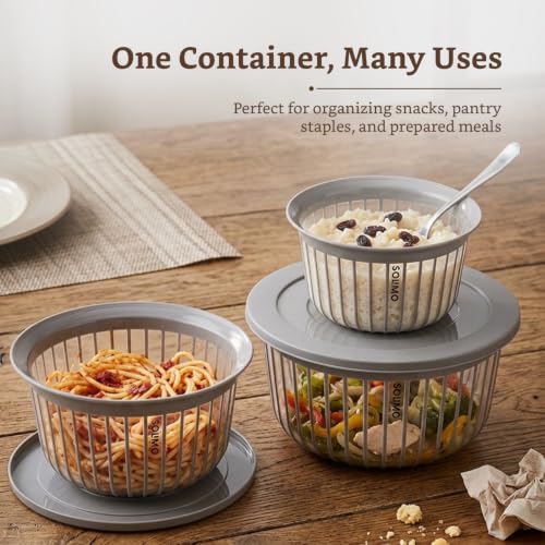 Image of Amazon Brand - Solimo Plastic Linea Storage Containers with Lid Food Grade Set of 3 (1.3L, 2.3L & 3.8L) | Stackable Kitchen Storage Bowls, BPA-Free, Multipurpose Containers (Grey)