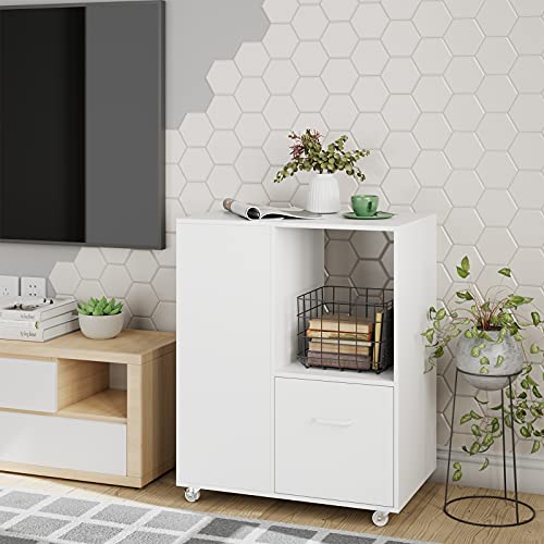 Urkno Wood Mobile File Cabinet With Drawer, Large Lateral Filing Cabinet For Letter Size, Office Cart With Rolling Wheels And Storage Shelves, Printer Stand For Home Office, White #TOP1
