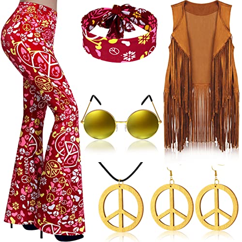Haull 7 Pcs 60s 70s Disco Hippie Outfits for Women Halloween Costume Set Boho Flared Pants Fringe Vest Peace Sign(Lovely Peace,Large)